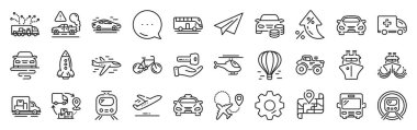Işınlama hattı simgeleri. Ayarlar, mesaj, enflasyon simgeleri. Taksi, helikopter ve metro tren ikonları. Kamyon vagonu, tramvay ve hava balonu nakli. Bisiklet, havaalanı uçağı ve gemi, metro. Vektör