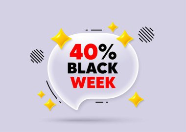 Kara hafta sohbet balonu. Sosyal medya konsepti. Kara hafta% 40 indirimli. Özel indirim tabelası. Kara Cuma teklif sembolü. 3D Sparkles sohbet balonu. Vektör