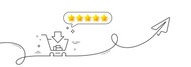 Alışveriş arabası simgesine ekle. Paylaşım düzlemiyle aralıksız çizgi. Çevrimiçi satın alma işareti. Süpermarket sepeti sembolü. Konuşma balonunda beş yıldızlı değerlendirme. Tek sıra alışveriş kurdelesi. Vektör