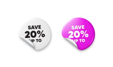 İndirim etiketleri. Parlak kağıt fiyatlı rozet. Yüzde 20 'ye kadar para biriktir. İndirim indirimi fiyat tabelası. Özel teklif sembolü. Yuvarlak çıkartma teklif et. Reklam afişi. Vektör
