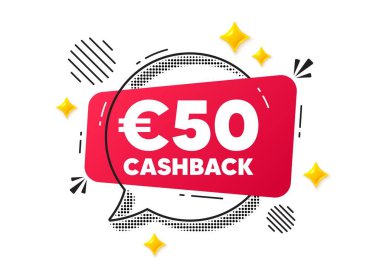 Cashback sohbet balonu. Sosyal medya konsepti. 50 Eur nakit. Para iadesi tabelası. Reklam sembolünü geri al. Kırmızı sohbet mesajı. Konuşma balonu teklif et. Parlak 3D yıldızlar. Vektör