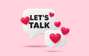 Konuşma baloncuğundan bahsedelim. Sosyal medya konsepti. Etiketten bahsedelim. Teklif levhasına bağlan. Konuşma sembolü. 3D kalp sohbet balonu. Vektör