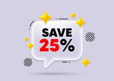 İndirimli konuşma balonu. Sosyal medya konsepti. Etikette% 25 indirim var. İndirimli fiyat tabelası. Özel teklif sembolü. 3D Sparkles sohbet balonu. Vektör