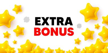 3D yıldızlı ekstra ikramiye kazanan afiş. Altın yıldızlı pankart. Fazladan ikramiye etiketi. Özel hediye tanıtım tabelası. Satış terfisi sembolü. Oran arkaplanını gözden geçir. Vektör