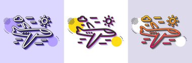Uçak seyahat çizgisi simgesi. Yarı ton noktalı desen. Gradyan simgesi ve tahıl gölgesi. Trip uçuş işareti. Tatil sembolü. Çizgi uçak seyahat ikonu. Çeşitli tasarımlar. Vektör