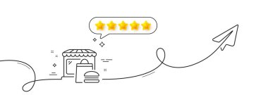 Yiyecek pazarı çizgisi ikonu. Paylaşım düzlemiyle aralıksız çizgi. Fast food restoranı tabelası. Pazarlama sembolü. Konuşma balonunda beş yıldızlı değerlendirme. Gıda pazarı tek şeritli. Vektör