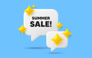 Yaz satışı sohbet balonu. Sosyal medya konsepti. Yaz indirimi etiketi. Özel fiyat tabelası. Reklam indirimi sembolü. 3D Sparkles sohbet balonu. Vektör