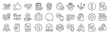 Satır simgelerini onayla. Ayarlar, mesaj, enflasyon simgeleri. Röportaj, kabul edilmiş belge, doğru seçim. Kalite kontrolü, koruma, liste simgeleri. Vektör