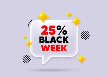Kara hafta sohbet balonu. Sosyal medya konsepti. Kara hafta% 25 indirimli. Özel indirim tabelası. Kara Cuma teklif sembolü. 3D Sparkles sohbet balonu. Vektör