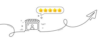 Pazar satışı çizgisi simgesi. Paylaşım düzlemiyle aralıksız çizgi. Toptan satış mağazası tabelası. Pazarlama sembolü. Konuşma balonunda beş yıldızlı değerlendirme. Pazarlamacı tek sıra kurdelesi. Vektör