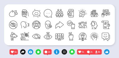 Sorunlu cilt, ev güvenliği ve gülümseme sohbet hattı simgeleri. Sosyal medya: paylaşım, yorum, ikonlar gibi. Stres, Gülümse, Uzaklık Ağı ikonu. Bulmaca, sosyal mesafe, siber saldırı piktogramı. Vektör