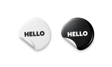 Merhaba etiket etiketleri. Parlak kağıt fiyatlı rozet. Hoş geldin etiketi. Merhaba davet teklifi. Resmi selamlama mesajı. Yuvarlak çıkartma teklif et. Reklam afişi. Vektör