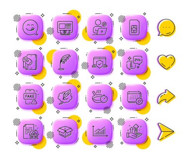 Bilgi, yer lambası ve kira sözleşmesi simgeleri. Uygulama 3d düğmeleri. Sosyal medya yorumları, paylaşım, ikonlar gibi. Bir paket lezzetli gülümseme, takvim, telif hakkı sohbet ikonu. Vektör