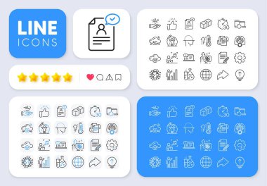 Coronavirus, 5G bulut ve yüz tarama çizgisi simgeleri web uygulaması için. Mesaj, Paylaş, sosyal medya simgeleri gibi. Yüksek termometre paketi, rüzgar enerjisi, grafik çizelgesi simgeleri. Vektör