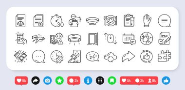 Deniz ürünleri, müzik telefonu ve Cloud senkronizasyon çizgisi simgeleri. Sosyal medya: paylaşım, yorum, ikonlar gibi. Yasal belgeler, Mesaj, Uyku Ağı simgesi. Açık arttırma, kısa mesaj, piktogram gibi tazele. Vektör