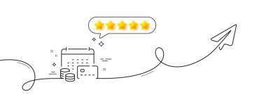 Para takvimi simgesi. Paylaşım düzlemiyle aralıksız çizgi. Kredi kartı tabelası. Yıllık rapor sembolü. Konuşma balonunda beş yıldızlı değerlendirme. Para takvimi tek çizgi kurdelesi. Vektör