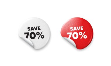 İndirim etiketleri. Parlak kağıt fiyatlı rozet. Etikette% 70 indirim var. İndirimli fiyat tabelası. Özel teklif sembolü. Yuvarlak çıkartma teklif et. Reklam afişi. Vektör