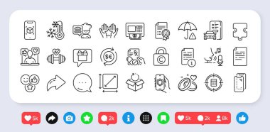 İade paketi, akıllı telefon camı ve dilek satırı simgeleri paketi. Sosyal medya: paylaşım, yorum, ikonlar gibi. Sosyal medya, hesap makinesi hedefi, manuel web simgesi. Dumbbell, Pictogram 'ı derecelendiriyor. Vektör