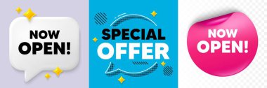 Şimdi konuşma balonunu aç. 3D Pırıltı Sohbeti, kağıt çıkartması. Şimdi etiketi aç. Yeni iş ilanı. Hoş geldin reklam sembolü. Özel teklif balonu. Yarım ton noktalar deseni. Vektör