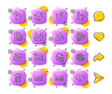 Su damlası, Coronavirus ve Bürokrasi çizgisi simgeleri. Uygulama 3d düğmeleri. Sosyal medya yorumları, paylaşım, ikonlar gibi. Zaman yönetimi paketi, ateş enerjisi, vitamin bir ikon. Vektör