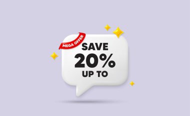 İndirimli konuşma balonu. Mega bayrak kurdelesi sunar. Yüzde 20 'ye kadar para biriktir. İndirim indirimi fiyat tabelası. Özel teklif sembolü. 3D Pırıltılı Yıldızlar konuşma balonu. Vektör