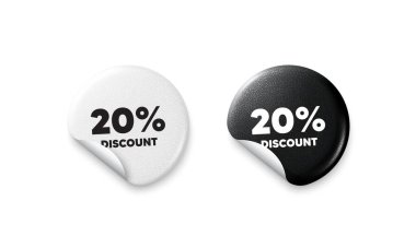 İndirim etiketleri. Parlak kağıt fiyatlı rozet. Yüzde 20 indirim etiketi. Satılık fiyat tabelası. Özel teklif sembolü. Yuvarlak çıkartma teklif et. Reklam afişi. Vektör