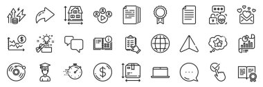 Ödül, yaratıcı fikir ve dolar para çizgisi simgeleri. Paylaş, Mesaj, Kağıt uçak simgeleri. Talimat bilgileri, enerji enflasyonu, dolar değerindeki web simgesi. Globe, Zamanlayıcı, Kontrol Listesi çizelgesi. Vektör
