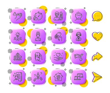 Nakliye desteği, Araştırma ve Arama uygulama hattı simgeleri. Uygulama 3d düğmeleri. Sosyal medya yorumları, paylaşım, ikonlar gibi. Bir paket iş fikri, daire sigortası, termometre ikonu. Vektör