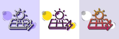 Güneş panelleri çizgi simgesi. Yarı ton noktalı desen. Gradyan simgesi ve tahıl gölgesi. Elektrik güneş enerjisi işareti. Şimşek sembolü. Çizgi güneş panelleri simgesi. Çeşitli tasarımlar. Vektör
