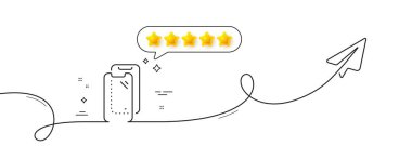 Akıllı telefon cam hat ikonu. Paylaşım düzlemiyle aralıksız çizgi. Telefon koruma işareti. Mobil cihaz sembolü. Konuşma balonunda beş yıldızlı değerlendirme. Akıllı telefon camı tek şeritli. Vektör