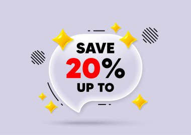 İndirimli konuşma balonu. Sosyal medya konsepti. Yüzde 20 'ye kadar para biriktir. İndirim indirimi fiyat tabelası. Özel teklif sembolü. 3D Sparkles sohbet balonu. Vektör