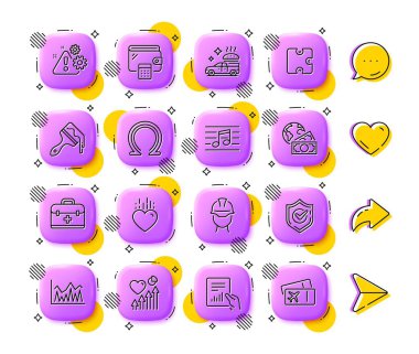 Uyarı, ilk yardım ve gıda dağıtım hattı simgeleri. Uygulama 3d düğmeleri. Sosyal medya yorumları, paylaşım, ikonlar gibi. Bir paket fırça, Omega, Cüzdan ikonu. Bulmaca, küresel iş, kalp atışı piktogram. Vektör