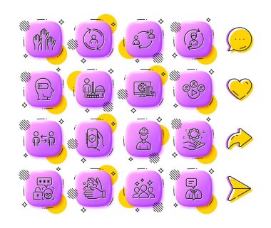 Manga, Kullanıcı iletişimi ve oylama el çizgisi simgeleri. Uygulama 3d düğmeleri. Sosyal medya yorumları, paylaşım, ikonlar gibi. Online alışveriş paketi, takım çalışması, personel el ikonu. Vektör