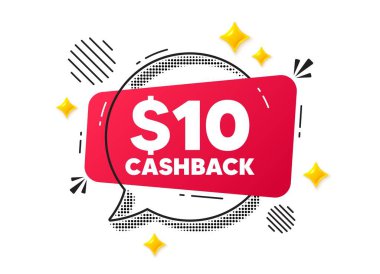 Cashback sohbet balonu. Sosyal medya konsepti. 10 Usd nakit. Para iadesi tabelası. Reklam sembolünü geri al. Kırmızı sohbet mesajı. Konuşma balonu teklif et. Parlak 3D yıldızlar. Vektör
