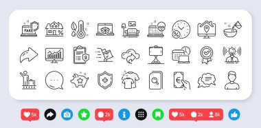 Mobilya, marka ve tıbbi kalkan simgeleri. Sosyal medya: paylaşım, yorum, ikonlar gibi. İpotek, iş yeri, Bağlılık puanları web simgesi. Vektör
