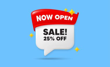 Satış sohbet balonu. Şimdi bayrak kurdelesini aç. % 25 indirimli. Promosyon fiyatı tabelası. Satış rozeti sembolü. 3D Pırıltılı Yıldızlar konuşma balonu. Vektör