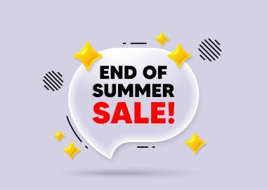 Yaz sonu konuşma balonu. Sosyal medya konsepti. Yaz Satışı 'nın sonu. Özel fiyat tabelası. Reklam indirimi sembolü. 3D Sparkles sohbet balonu. Vektör