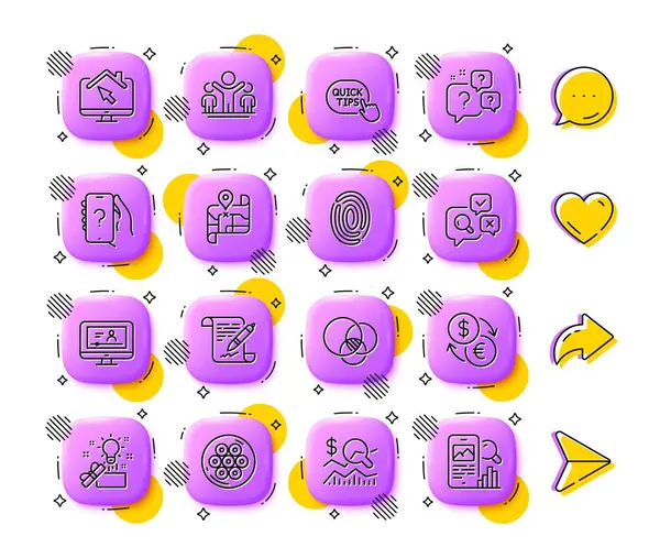 Para değişimi, yaratıcı fikir ve Euler diyagramı simgeleri. Uygulama 3d düğmeleri. Sosyal medya yorumları, paylaşım, ikonlar gibi. Kazanan, Yatırım Kontrol, Kablo Bölümü simgesi. Vektör