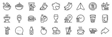 Salata, ızgara yeri ve şef çizgisi ikonları. Paylaş, Mesaj, Kağıt uçak simgeleri. Yemek zamanı, Sosis, Gece ağ ikonu yiyor. Su bardağı, çay fincanı, buzlu çay resmi. Vektör