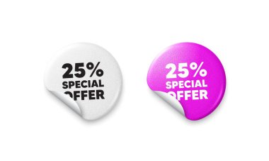 İndirim etiketleri. Parlak kağıt fiyatlı rozet. Yüzde 25 indirim teklif etiketi. İndirimli reklam tabelası. Özel teklif sembolü. Yuvarlak çıkartma teklif et. Reklam afişi. Vektör