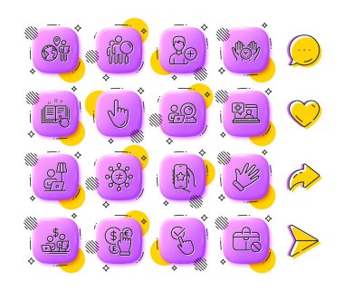 Kişi ekle, yer lambası ekle ve insanların çizgi simgelerini araştır. Uygulama 3d düğmeleri. Sosyal medya yorumları, paylaşım, ikonlar gibi. Tıbbi yardım paketi, bütçe muhasebesi, video konferans ikonu. Vektör