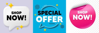 Dükkan şimdi konuşma baloncuğu. 3D Pırıltı Sohbeti, kağıt çıkartması. Dükkan şimdi etiketliyor. Özel teklif işareti. Perakende reklam sembolü. Özel teklif balonu. Yarım ton noktalar deseni. Vektör