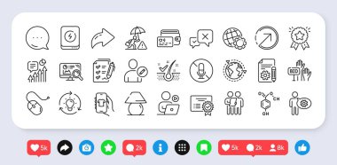 Fikir, Kullanıcıyı Düzenle ve Yönlendirme satırı simgeleri paketi. Sosyal medya: paylaşım, yorum, ikonlar gibi. Teklif, mikrofon yok, Bilgisayar faresi simgesi. Sertifika, güç bankası, resim göndermeyi reddet. Vektör