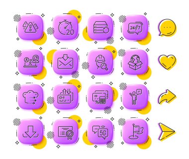 Kurtarma sunucusu, Denetleme ve 24 saat hizmet satırı simgeleri. Uygulama 3d düğmeleri. Sosyal medya yorumları, paylaşım, ikonlar gibi. Bir paket 5G internet, Ajan, gelen posta simgesi. Vektör