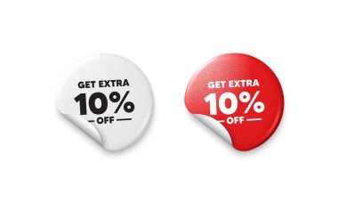 Ekstra indirim etiketleri. Parlak kağıt fiyatlı rozet. Ekstra% 10 indirim al. İndirimli fiyat tabelası. Özel teklif sembolü. Yüzde 10 tasarruf et. Yuvarlak çıkartma teklif et. Reklam afişi. Vektör