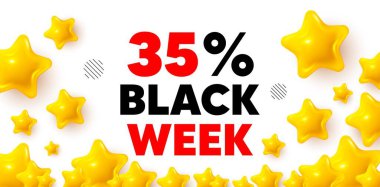 Siyah hafta ödüllü, 3D yıldızlı afiş. Altın yıldızlı pankart. Kara hafta% 35 indirim. Özel indirim tabelası. Kara Cuma teklif sembolü. Oran arkaplanını gözden geçir. Vektör