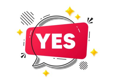 Evet, sohbet balonu. Sosyal medya konsepti. Evet, mesaj etiketi. Onaylanmış tamam mesajı. Oldu ya da oldu sembolü. Kırmızı sohbet mesajı. Konuşma balonu teklif et. Parlak 3D yıldızlar. Vektör