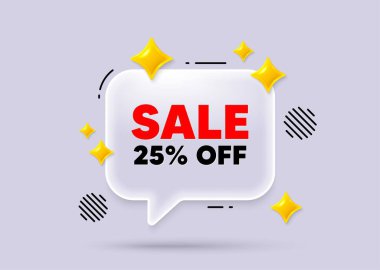 Satış sohbet balonu. Sosyal medya konsepti. % 25 indirimli. Promosyon fiyatı tabelası. Satış rozeti sembolü. 3D Sparkles sohbet balonu. Vektör