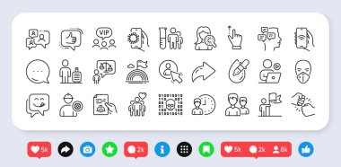 Yumruk tokuşturma, liderlik ve internet uygulama satırı simgeleri paketi. Sosyal medya: paylaşım, yorum, ikonlar gibi. Lgbt, Avukat web simgesi gibi. Çift, dokunmatik ekran jesti, resimli mesajlar. Vektör