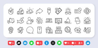 Cilt kremi, web dersleri ve su geçirmez çizgi simgeleri paketi. Sosyal medya: paylaşım, yorum, ikonlar gibi. Para aklama, soru işareti, balık ağı simgesi. 5G teknolojisi, teklif teklifi, resim çekimi. Vektör